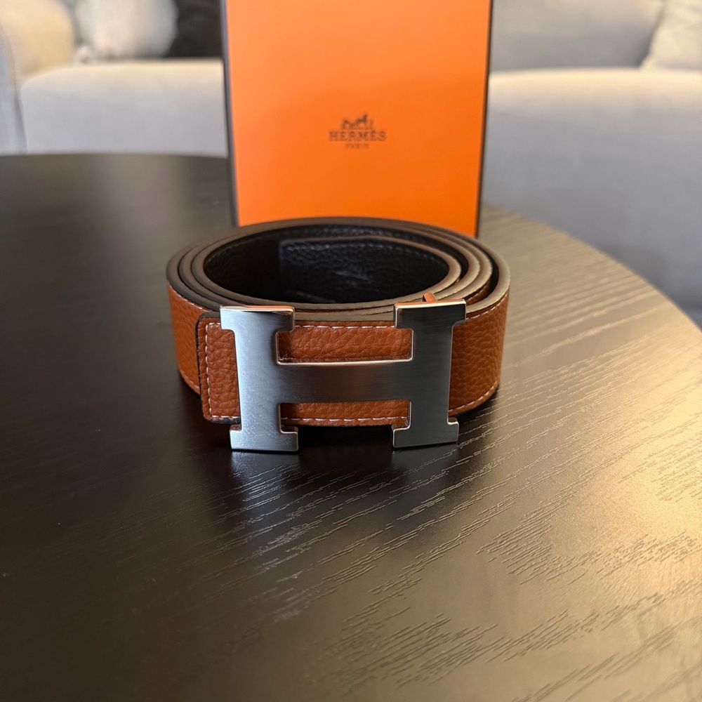 Hermes Men's Brown Belt Silver Buckle Size 130